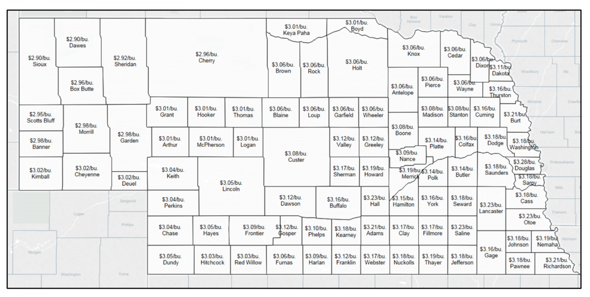 Nebraska county map of USDA winter wheat load rates