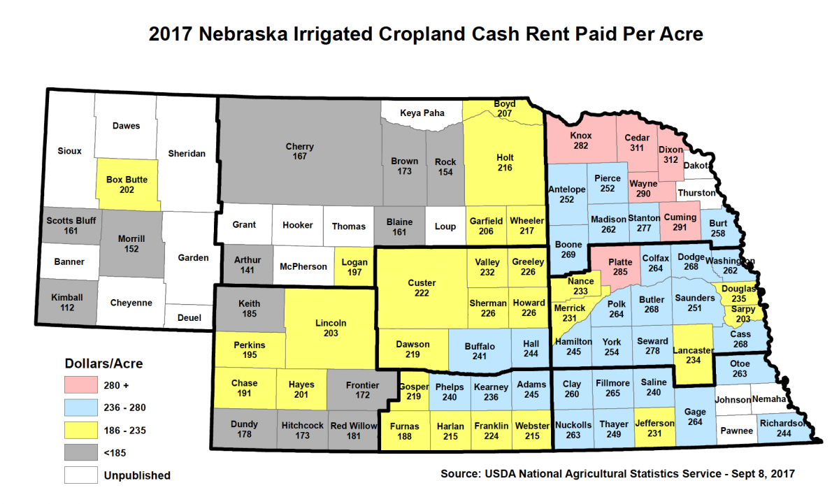 Nebraska map of irrigated cropland cash rents 2017