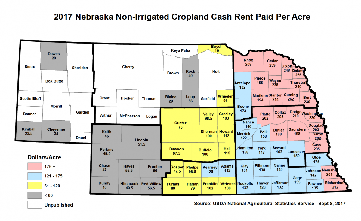 Nebraska map of rainfed cash rental paid