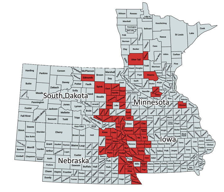 Map of Nebraska, South Dakota, Iowa, and Minnesota counties where soybean gall midge was confirmed.