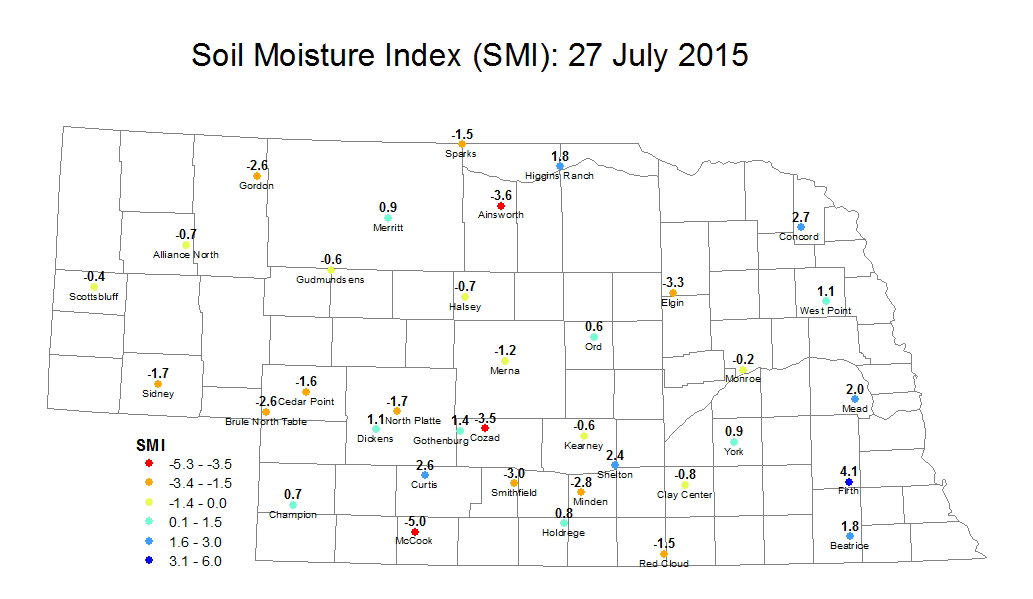 Map of Soil Moisture Index levels in Nebraska