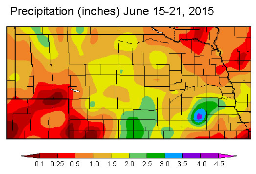 Nebraska map of precipitation from June 15-22, 2015