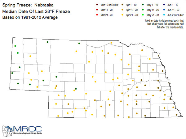 Nebraska map showing last spring freeze