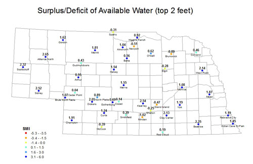 Nebraska map of soil moisture surplus or deficit