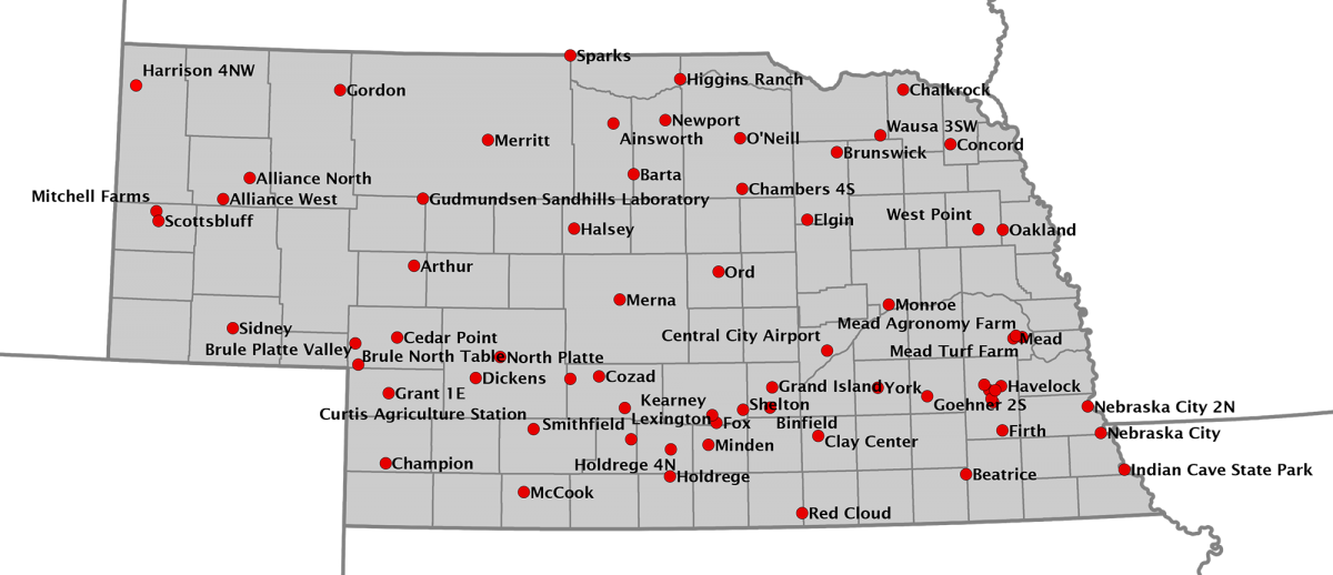 Mesonet weather reporting sites in Nebraska