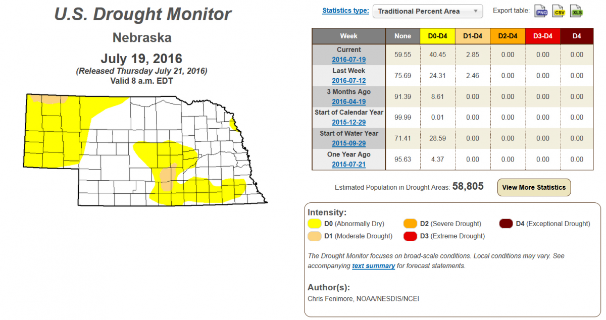 Map of abnormally dry and drought area in Nebraska