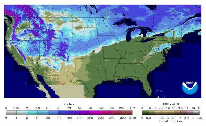 Map of US snow depth as of Feb 3, 2016