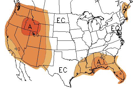 Map indicating 30-day temperature forecst for September