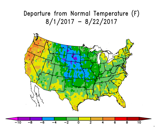 US temperature departure map for the first three weeks of August