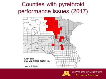 Map of Minnesota, North Dakota, and South Dakota counties with pyrethroid issues
