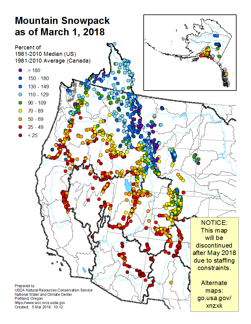 Western mountain snowpack as of March 1, 2018