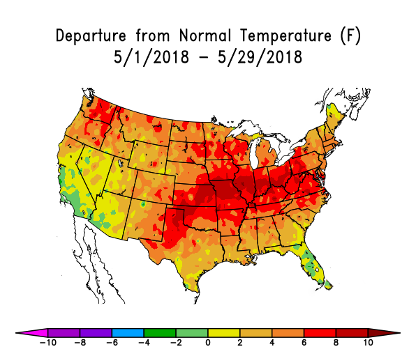 US Map illustrating May 2018 departures from normal temperatures