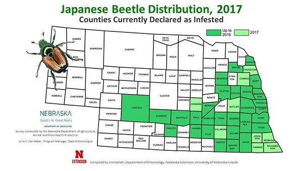 Nebraska map of Japanese beetle distribution