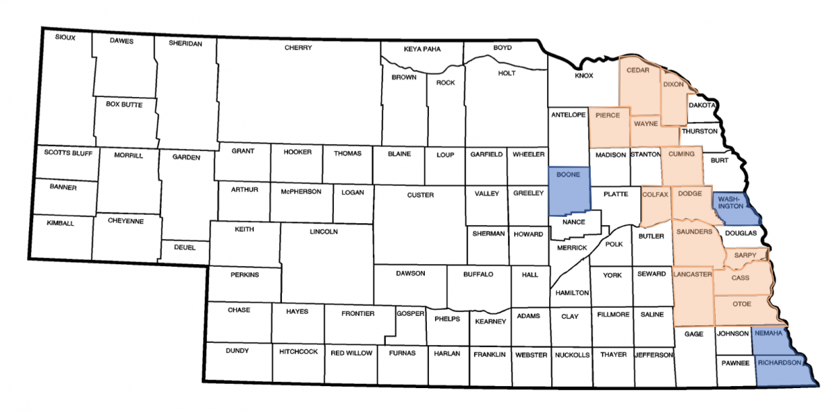 Distribution map of orange gall midge in Nebraska in August 2018
