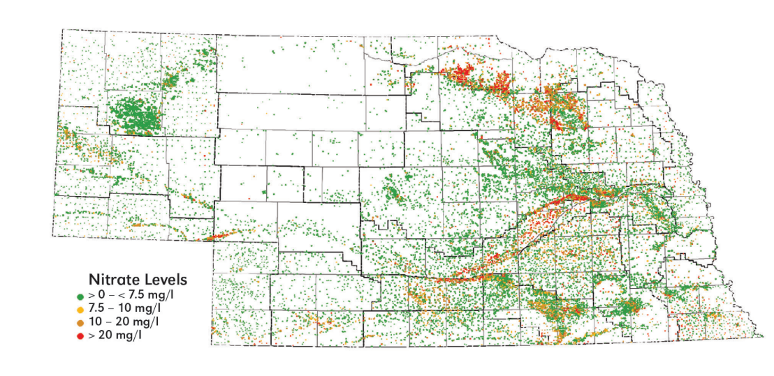 Nebraska map of recorded nitrate concentations 1974-2012