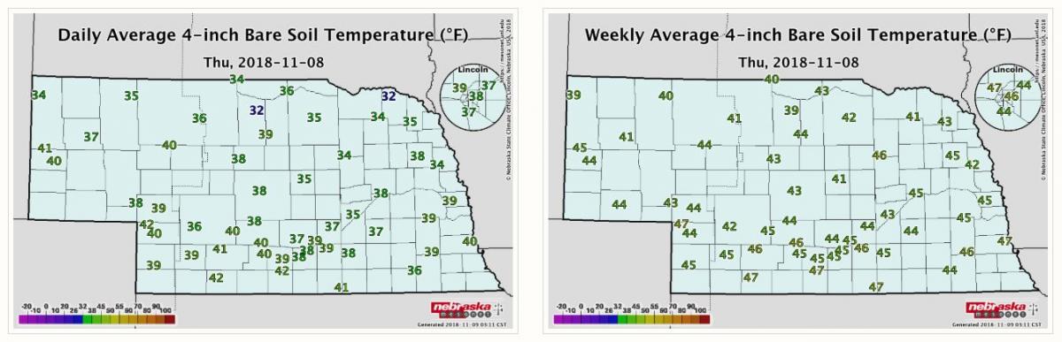 Nebraska maps of daily and weekly average soil temperature 