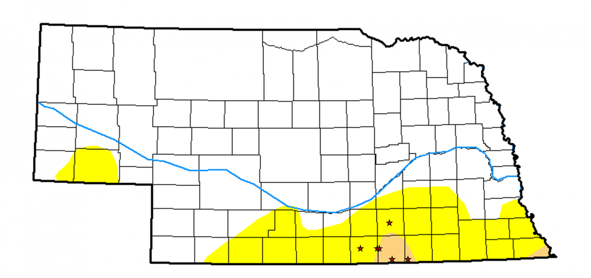 Nebraska map showing current drought areas and locations for water meters
