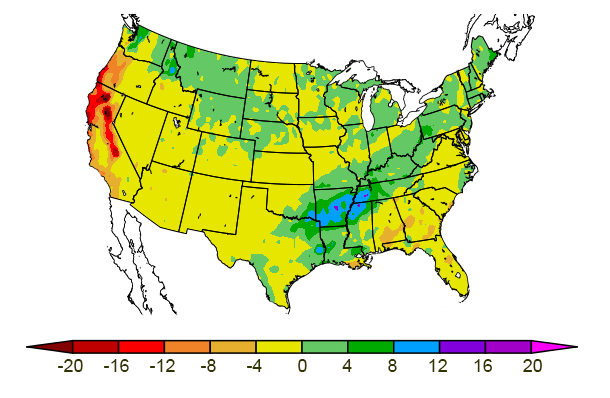 US map showing 3-month precipitation departure from normal