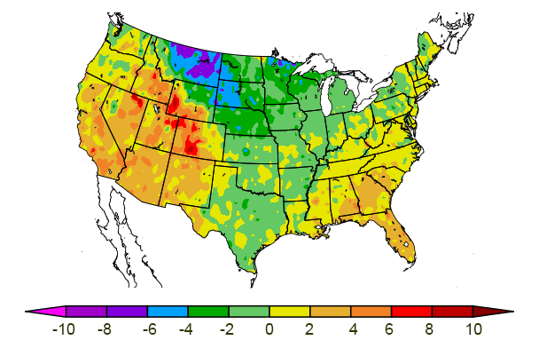 US map of 3-month temperature departure from normal