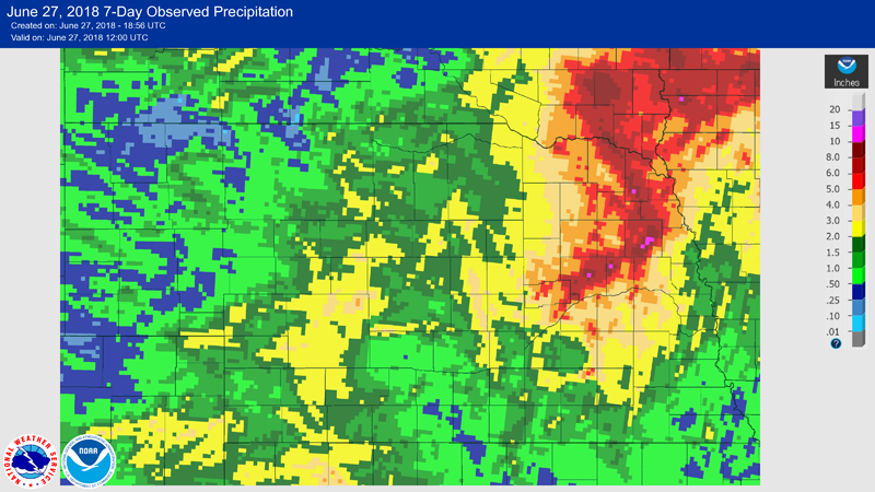 Map of radar-estimated rain June 20-27 in northeast Nebraska 