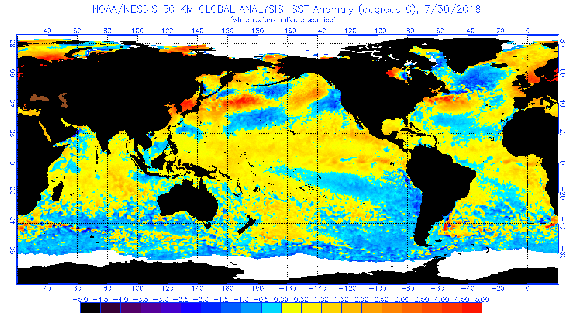 World map showing sea temperature changes