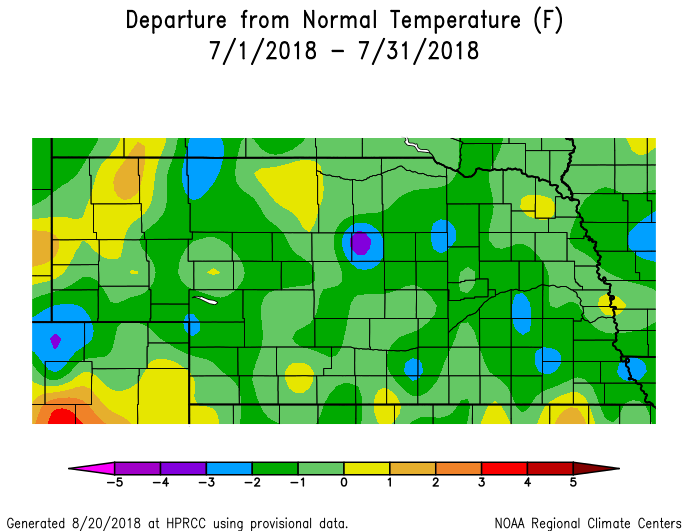 Map showing July 2018 departure from normal temperature