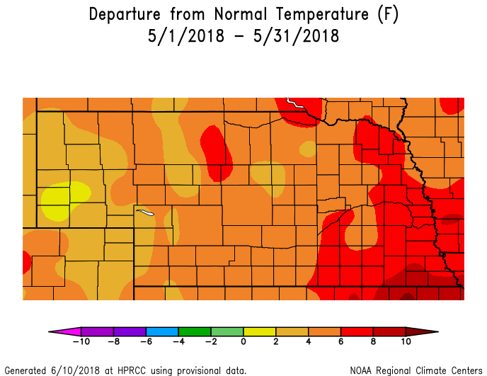 Map showing May 2018 departure from normal temperature