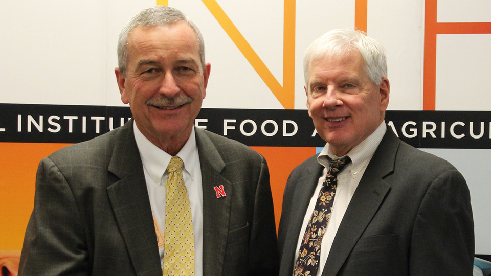 Chuck Hibberd (left), dean and director of Nebraska Extension, poses with J. Scott Angle, director of the National Institute of Food and Agriculture, during the NIFA Hall of Fame ceremony April 25 in Washington, D.C. (USDA-NIFA)