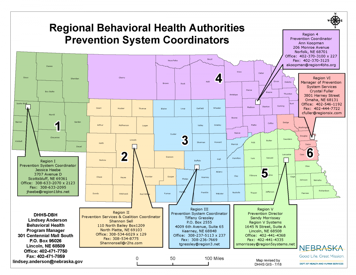 Nebraska map with contact information for state prevention system coordinators