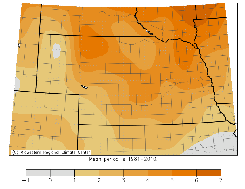 Nebraska map showing departure from average minimum temperatures