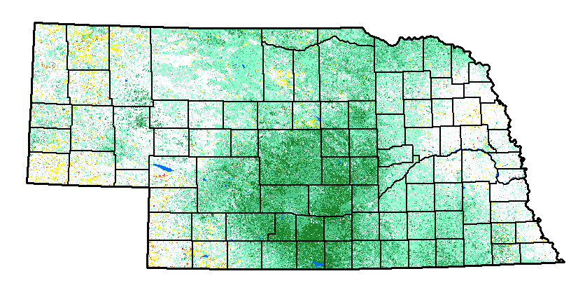 Map showing vegetation and dry areas in the state