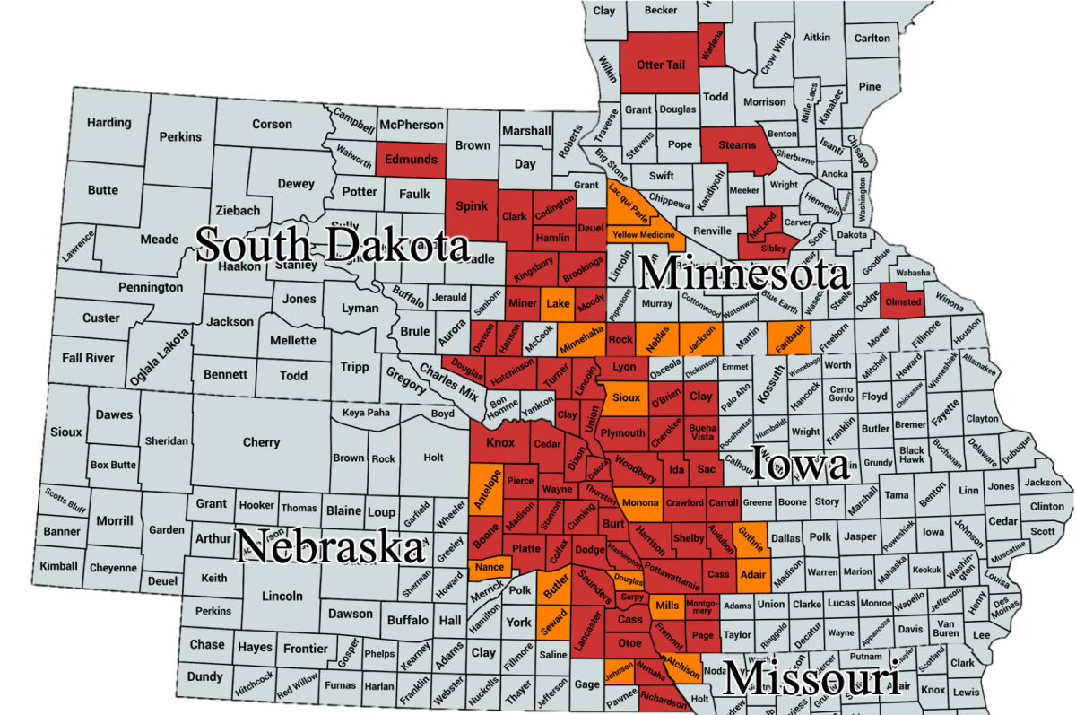Multi-state map showing counties where soybean gall midge has been confirmed