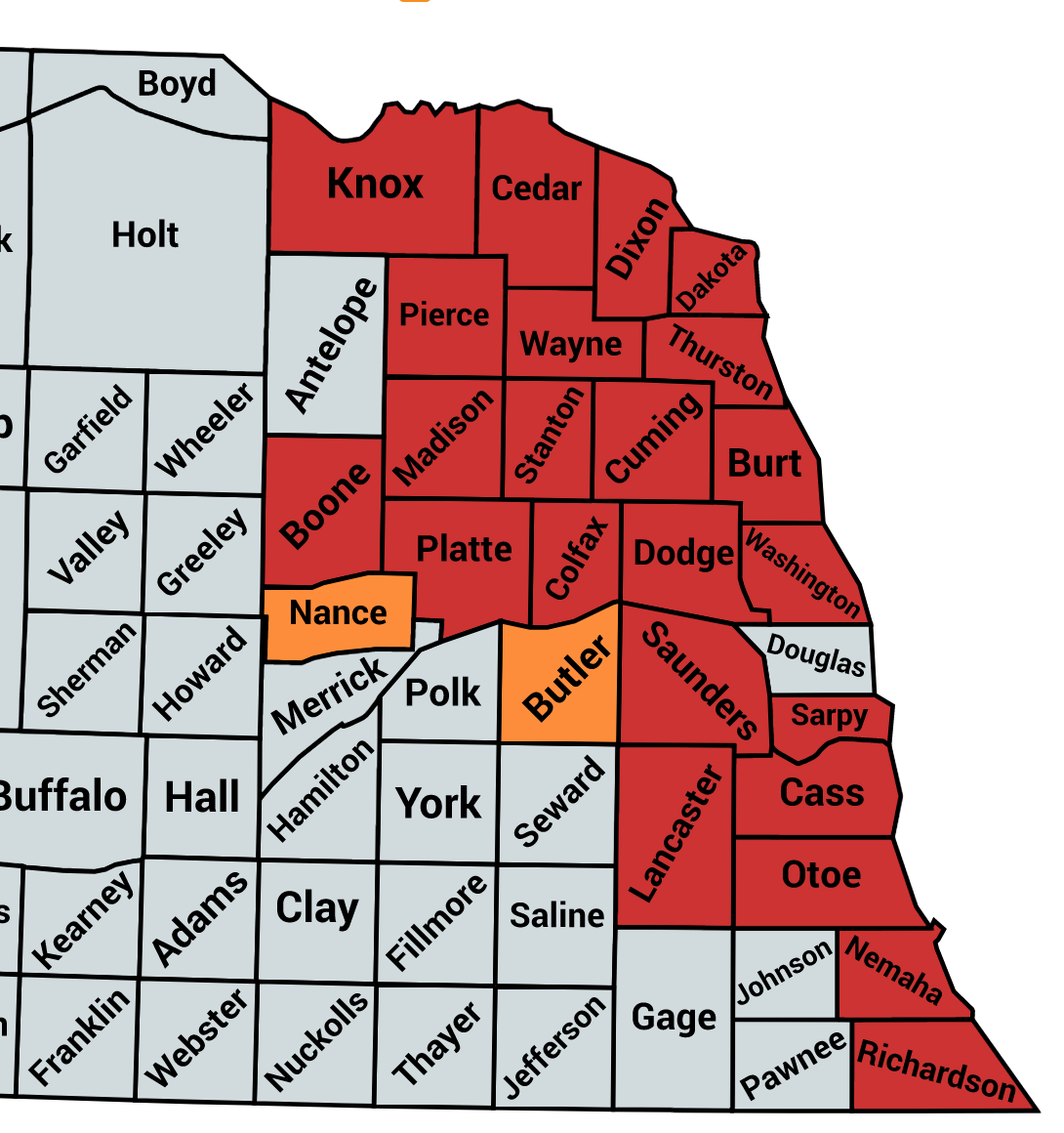 Nebraska county map showing soybean gall midge infestations