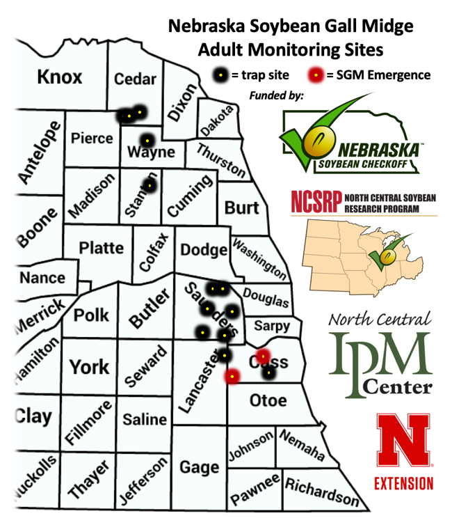 Eastern Nebraska map showing locations of monitoring sites and where soybean gall midge adults were collected
