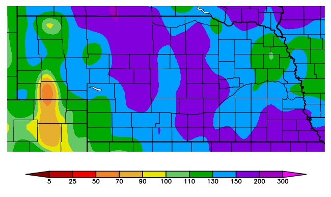 Nebraska map of precipitation from Oct. 1 - May 28