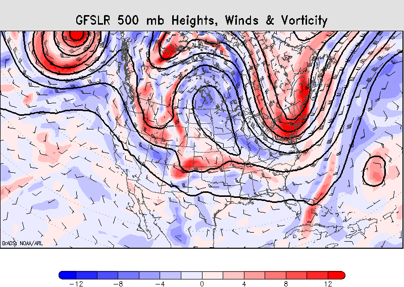 Global Forecast System forecast through June 14 showing heights, winds, vorticity