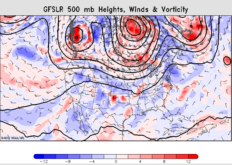 GFS map of heights, winds and vorticity