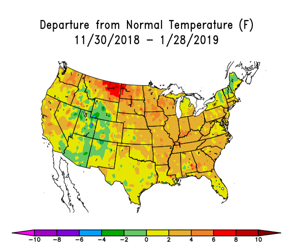 US map showing departure from normal temperatures from 11/30/2018 to 1/28/2019