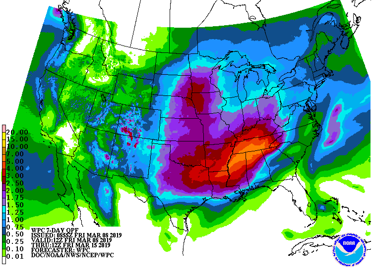 US Map from NOAA's Weather Prediction Center forecasting precipitation for March 8-15.