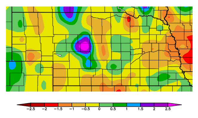 Figure 3. Nebraska map showing departures from normal precipitation throughout the state from March 16 to April 14, 2019.