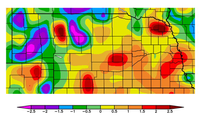 Nebraska map showing temperature departures from normal for the past 30 days. (Source: Applied Climate Information System Graphic, High Plains Regional Climate Center)