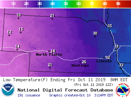 Predicted lows from the National Weather Service for Friday, Oct. 11