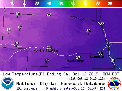 NWS predicted lows for Saturday, Oct. 12, 2019