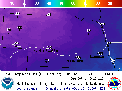 NWS predicted lows for Sunday, Oct. 13, 2019