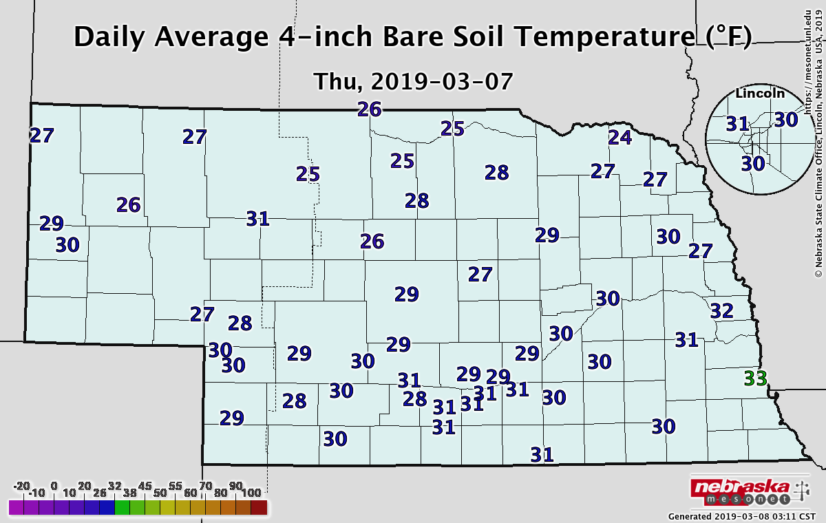Map of Nebraska soil temperatures as of March 7 