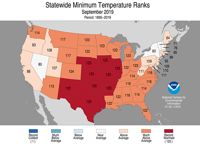 National map showing minimum temperature ranking by state for September 2019