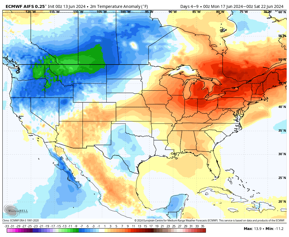 Projected temperature anomalies June 17-22 map