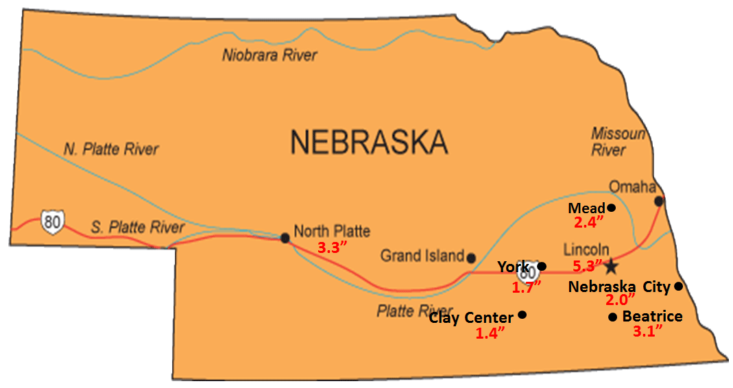 Nebraska map showing above normal precipitation for March-June.
