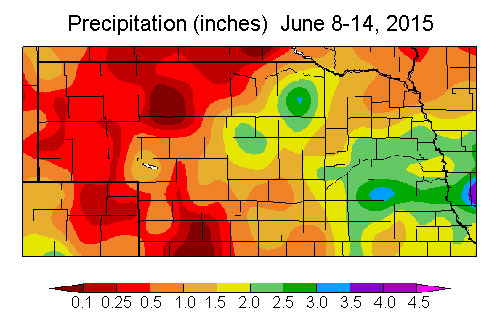 Nebraska map of precipitation from June 8-15, 2015