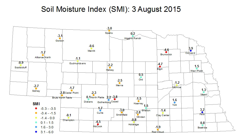 Nebraska Soil Moisture Index Aug. 3, 2015